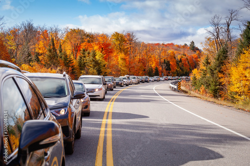 Traffic comes to a standstill as hordes of city dwellers getaway for a long weekend to see the fall colours photo