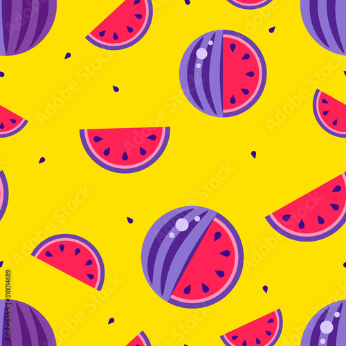 Warermelon Seamless pattern yellow background. August 3 International watermelon day poster print. Red violet sliced, seeds. Fresh farm market celebration design. Paper cut style Raster illustration. photo