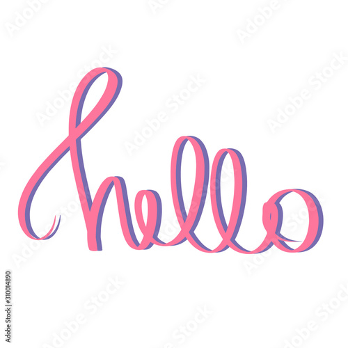 Hello pink violet brush hand lettering white background. Holiday greeting card or postcard. Raster sign sweet Welcome purple lettered quote. Modern calligraphy Template for invitation. Dialog sticker