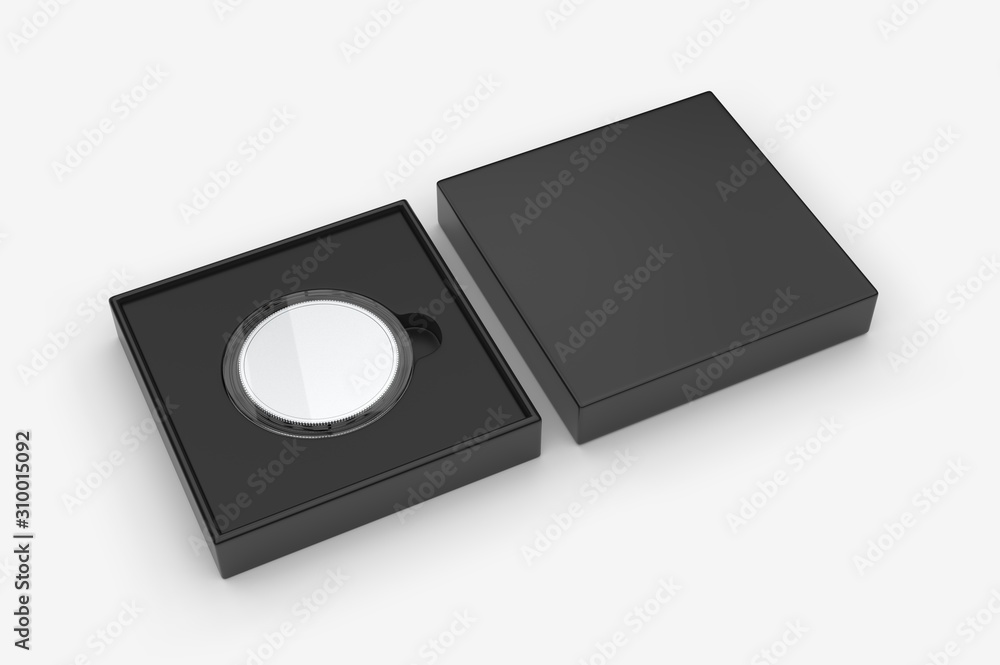 Blank proof coin in plastic case and paper box. 3d render illustration. Blank proof coin in plastic case and paper box. 3d render illustration.