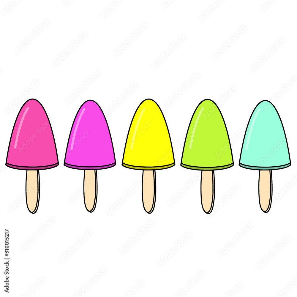 Ice cream lollys collection rainbow colored fruity of five frozen popsicles. Colorful summer fruit food set isolated raster illustration on white background. Good for print textile wedding bar menu. Ice cream lollys collection rainbow colored fruity of five frozen popsicles. Colorful summer fruit food set isolated raster illustration on white background. Good for print textile wedding bar menu.