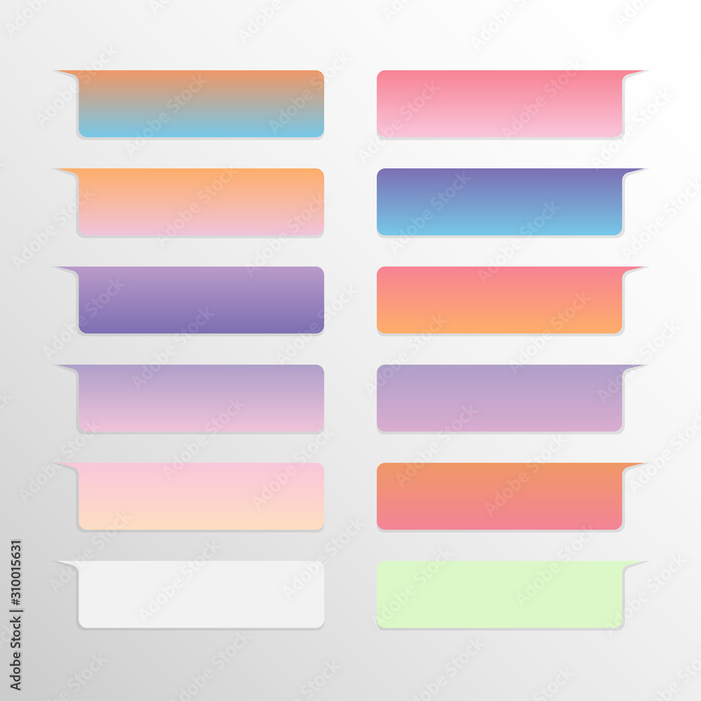 Group of objects variation chat bubble social network interface. Message in gradient multicolored flat balloons with shadow isolated on a white background. Vector cell phone dialog illustration. Group of objects variation chat bubble social network interface. Message in gradient multicolored flat balloons with shadow isolated on a white background. Vector cell phone dialog illustration.