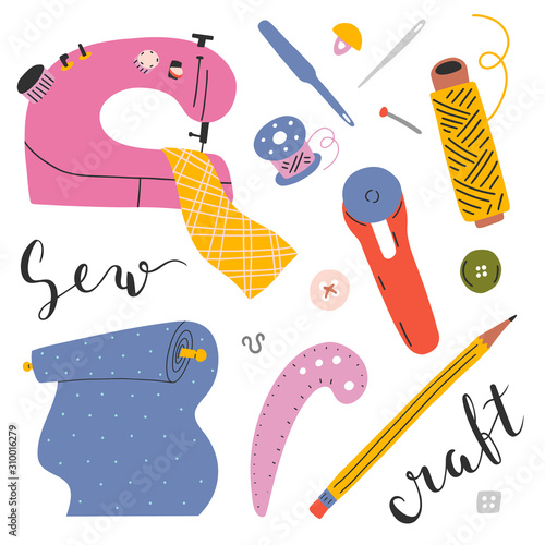 Sewing kit, collection of tools and accessories for tailor shop, workshop, isolated colored clip arts with lettering words  in modern hand drawn style.