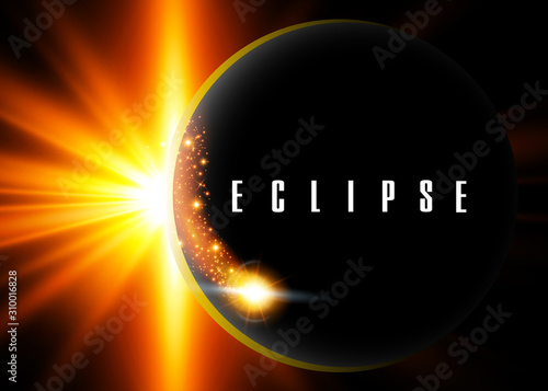 Vector dark abstract background with a solar eclipse. Black open space with a star shining from behind a planet, igniting its horizon. Round black placeholder for your text.