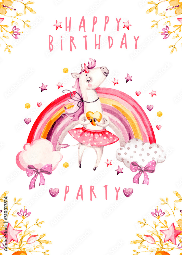 Isolated cute watercolor unicorn Birthday invitation card. Nursery unicorns and rainbow illustration. Princess unicorns poster. Trendy pink cartoon horse. Use for print, surface design, girl t shirt