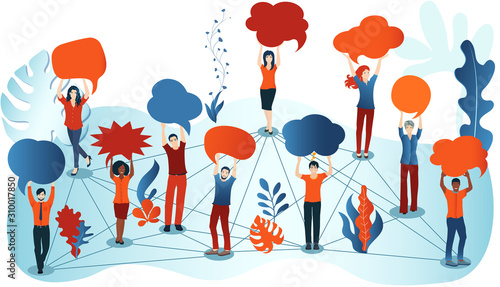 Group of diverse people with speech bubble. Crowd talking. Communication and sharing. Social network. Share ideas. Multi-ethnic people who talk and socialize and communicate. Solidarity
