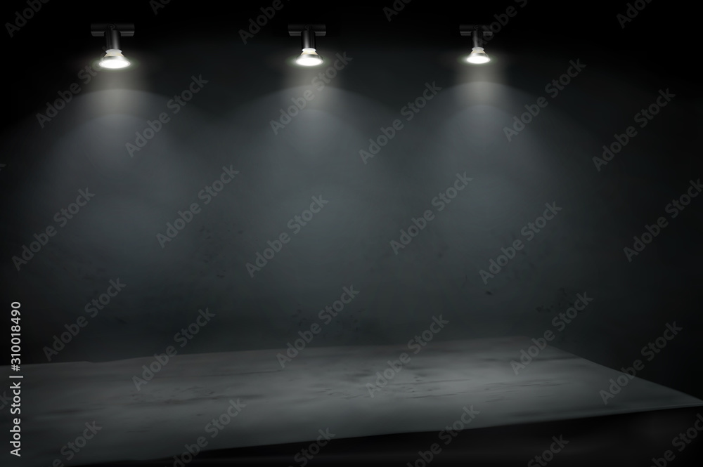 Obraz premium Empty place for exhibition illuminated by the spotlights. Store display. Wooden shelf. Black background. Vector illustration.