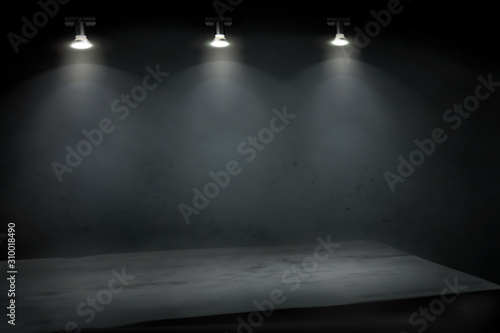 Empty place for exhibition illuminated by the spotlights. Store display. Wooden shelf. Black background. Vector illustration.