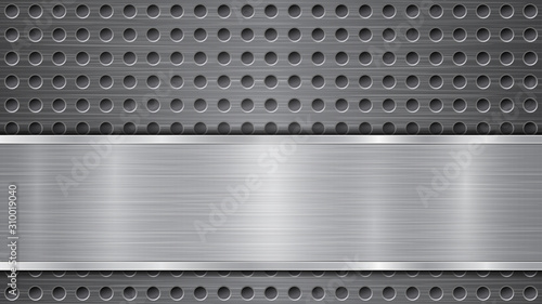 Background in gray colors, consisting of a metallic perforated surface with holes and a polished plate with metal texture, glares and shiny edges