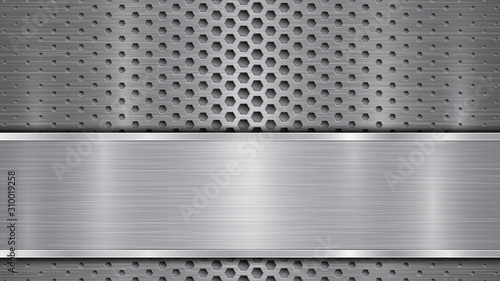 Background in gray colors, consisting of a metallic perforated surface with holes and a polished plate with metal texture, glares and shiny edges