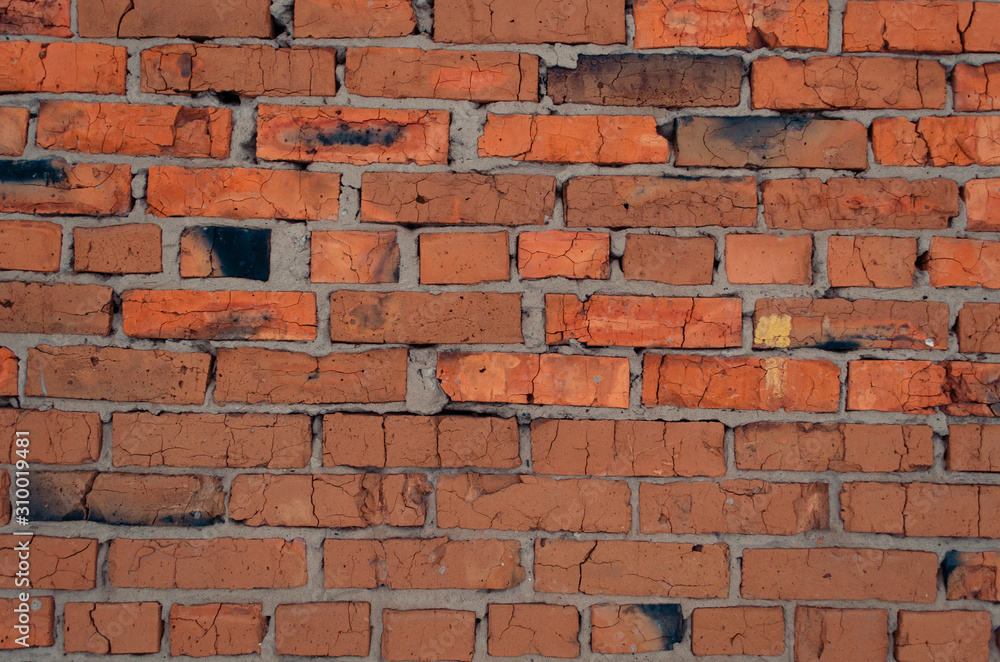 crush red brick wall texture grunge background, old interior design, panorama of masonry pattern crush red brick wall texture grunge background, old interior design, panorama of masonry pattern