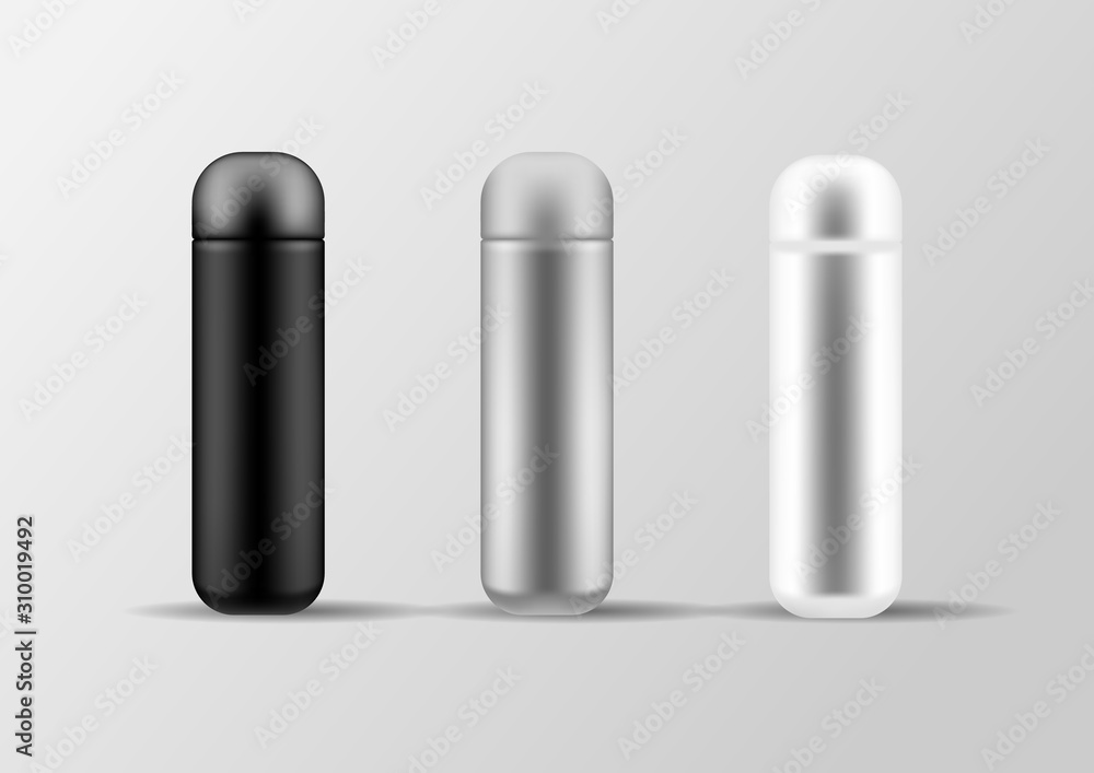 Realistic 3d black, white and silver empty glossy metal vacuum thermo tumbler flask icon set closeup. Realistic 3d black, white and silver empty glossy metal vacuum thermo tumbler flask icon set closeup.