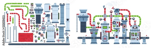 Factory conveyor belt fantastic machine. Industrial mechanism equipment. Machinery spare parts set. Vector illustration.