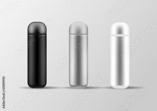 Realistic 3d black, white and silver empty glossy metal vacuum thermo tumbler flask icon set closeup.