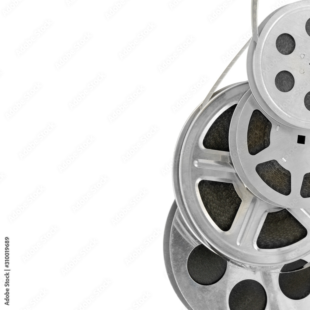 Obraz premium Reels with film strip isolated on a white background. Free space for your text.