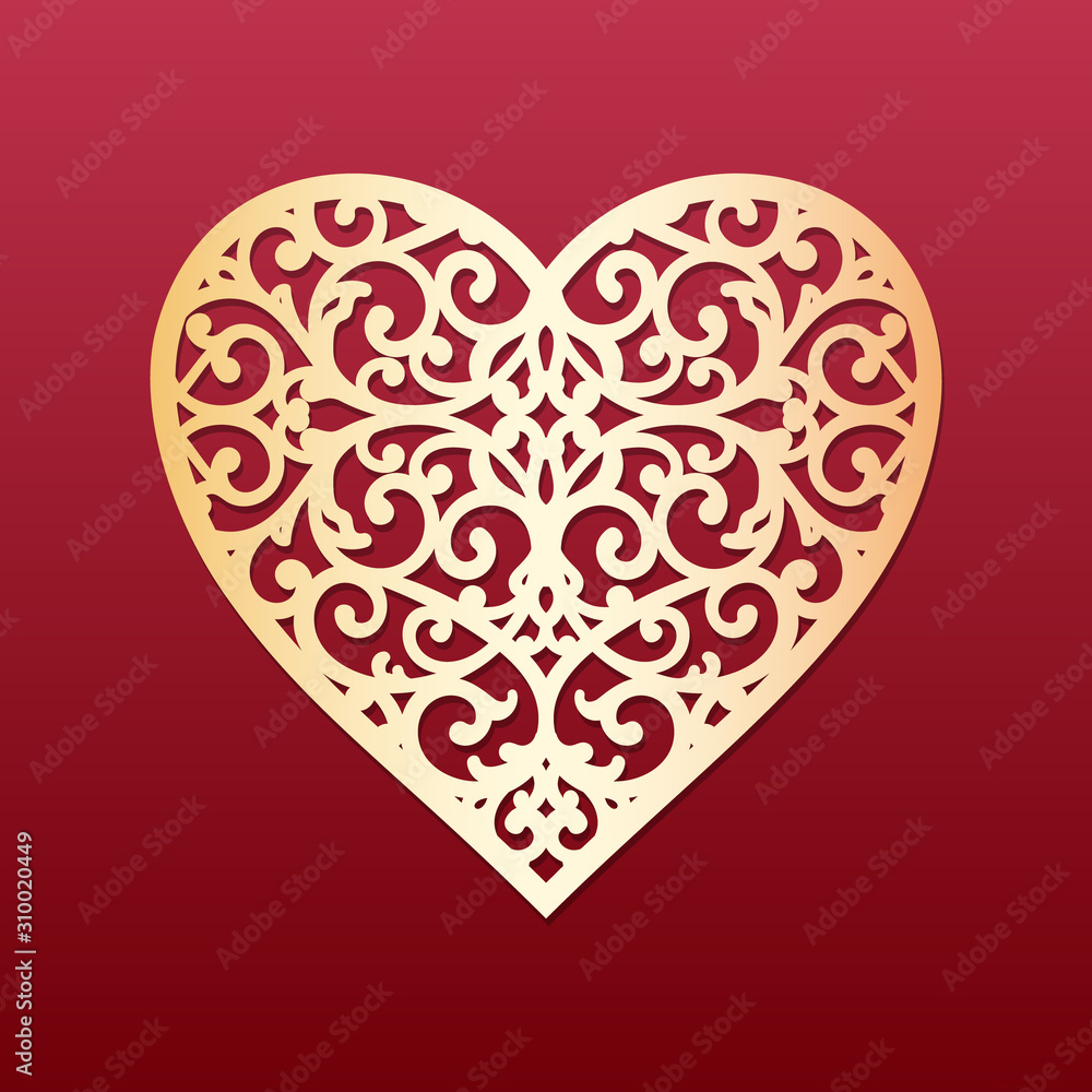 Laser cut heart with swirls pattern. Template for cutting, interior