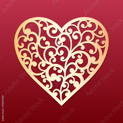 Laser cut heart with swirls pattern. Template for cutting, interior design, layouts wedding cards, invitations, Valentine's Day cards. Vector floral heart.