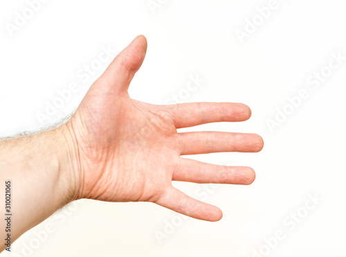 Palm of hand of white man with open fingers on white background