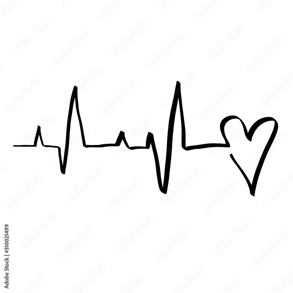 Black Heart cardiogram raster illustration mono line style. Romantic minimalism calligraphy love sign heartbeat. Hand drawn icon Valentines day, wedding. Medicine concept symbol for greeting card