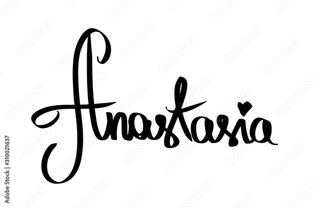 Woman name Anastasia, black heart. Handwritten female first name