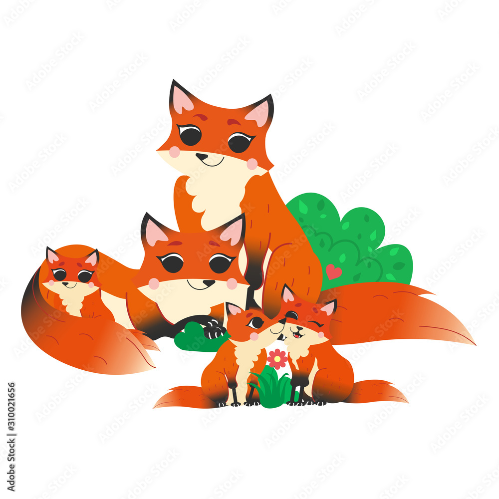 Obraz premium Cute cartoon wild fox family vector image. Male and female foxes with their pups. Forest animals for kids. Isolated on white background