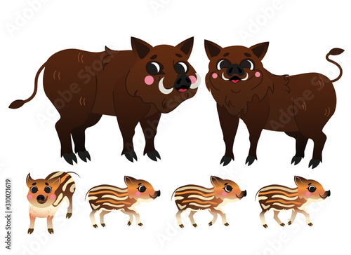 Leinwand Poster Cute cartoon boar family vector image