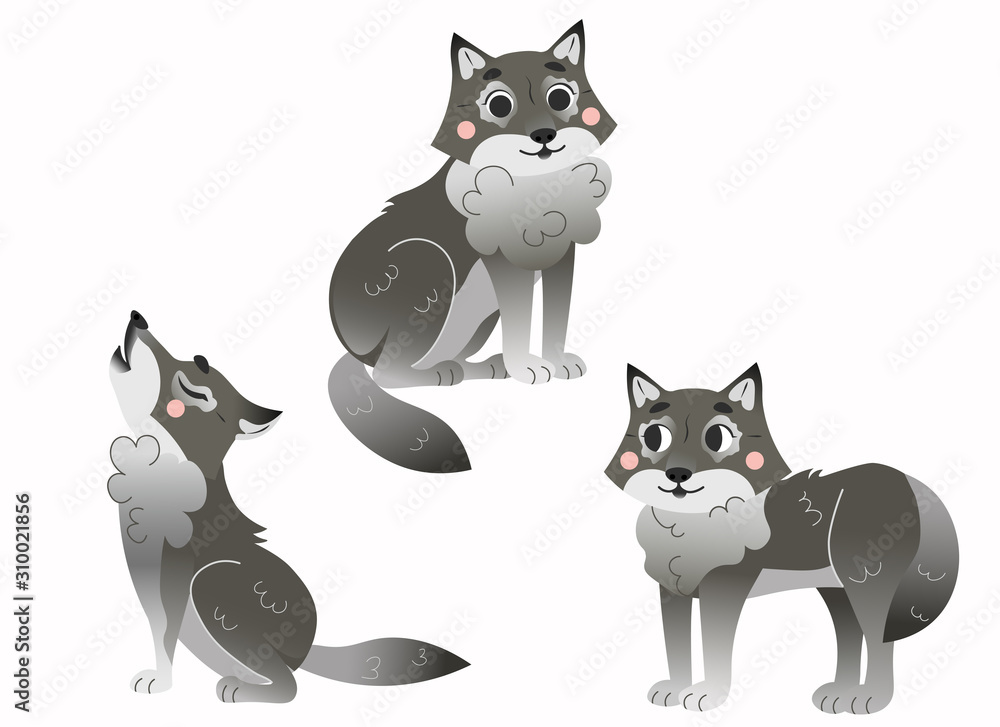 Cute cartoon grey wolfs vector set. Wolfs in different postures.  Forest animals for kids. Isolated on white background