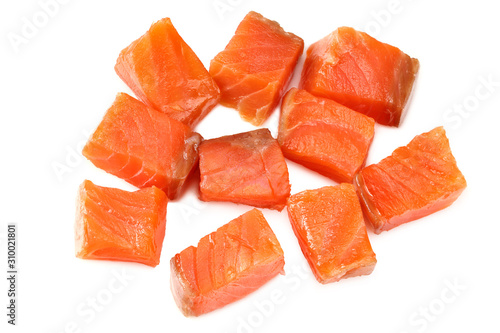 Red fish. Raw salmon fillet isolate on white background. Top view