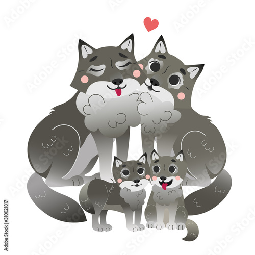 Cute cartoon wolf family vector image. Male and female wolfs with their cubs. Forest animals for kids. Isolated on white background