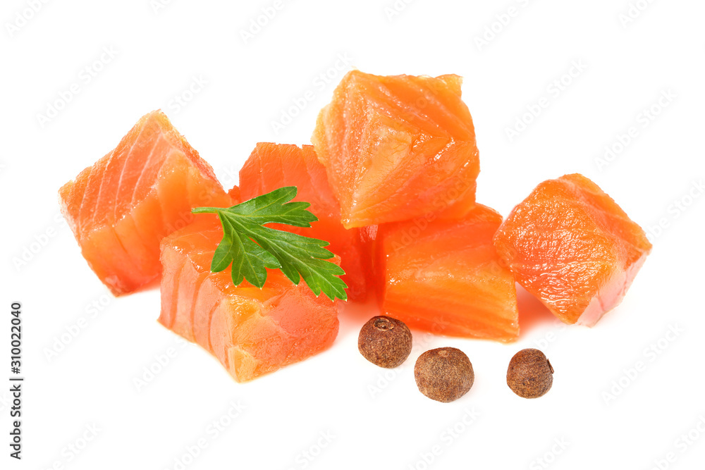 Red fish. Raw salmon fillet with parsley and peppercorns isolate on white background