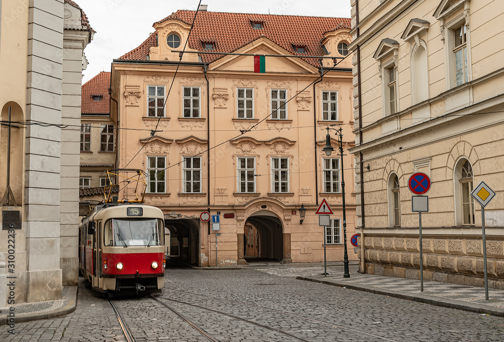 Red tram in Prague, Czech Republic. Transportation used in the old city of Prague
