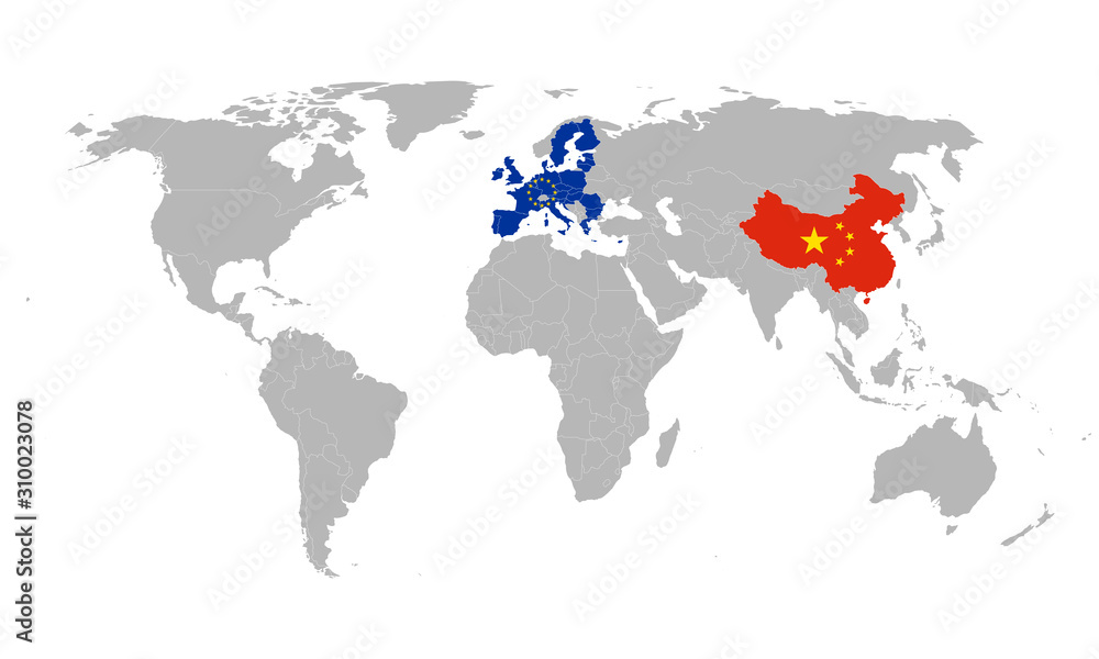 European union, china map flag vector. Gray background. Business concepts, Economic trade relations.