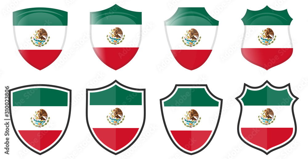 Vertical Mexican flag in shield shape, four 3d and simple versions. Mexico icon / sign Vertical Mexican flag in shield shape, four 3d and simple versions. Mexico icon / sign