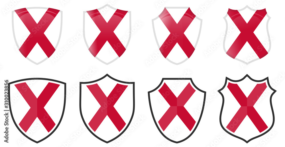 Vertical Irish Saint Patrick Saltire flag in shield shape, four 3d and simple versions. Ireland icon / sign Vertical Irish Saint Patrick Saltire flag in shield shape, four 3d and simple versions. Ireland icon / sign