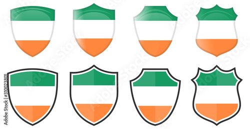 Vertical Republic of Ireland flag in shield shape, four 3d and simple versions. Irish icon / sign