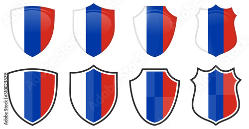 Free Download Vertical Russian flag in shield shape, four 3d and simple versions. Russia icon / sign - GFXLoad