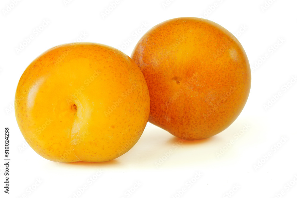 Yellow / orange greengage (Prunus domestica subsp. italica var. claudiana) fruits isolated on white background Yellow / orange greengage (Prunus domestica subsp. italica var. claudiana) fruits isolated on white background