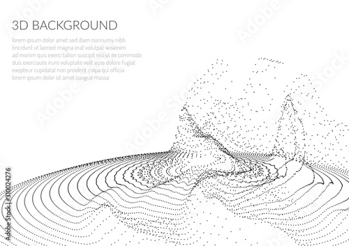 Abstract background with particles. Volumetric figures and waves of particles. Optical illusion of vibrations.