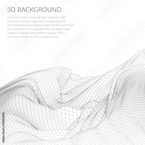 Abstract 3D image of a mountain with a polygonal mesh. View from a great height. Landscape on a white background.
