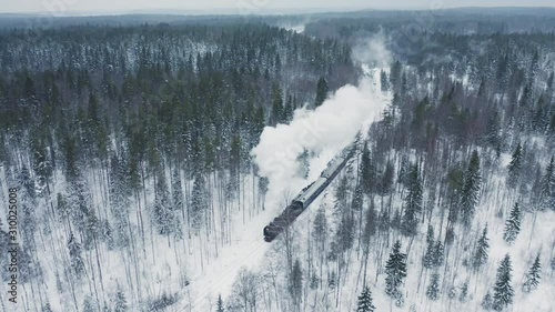 Aerial view steam train in winter forest