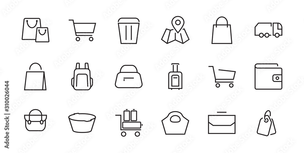 A simple set of bags, shopping and travel icons. Vector illustration Contains icons such as Card, wallet, shopping basket, discount, bowl, package. On a white background, editable stroke. 48x48 pixels A simple set of bags, shopping and travel icons. Vector illustration Contains icons such as Card, wallet, shopping basket, discount, bowl, package. On a white background, editable stroke. 48x48 pixels