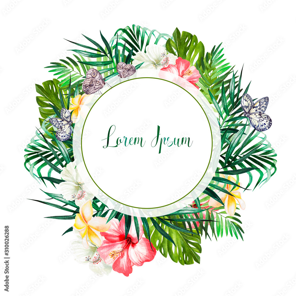 Watercolor tropical wreath with hibiscus flowers and palm leaves . Watercolor tropical wreath with hibiscus flowers and palm leaves .