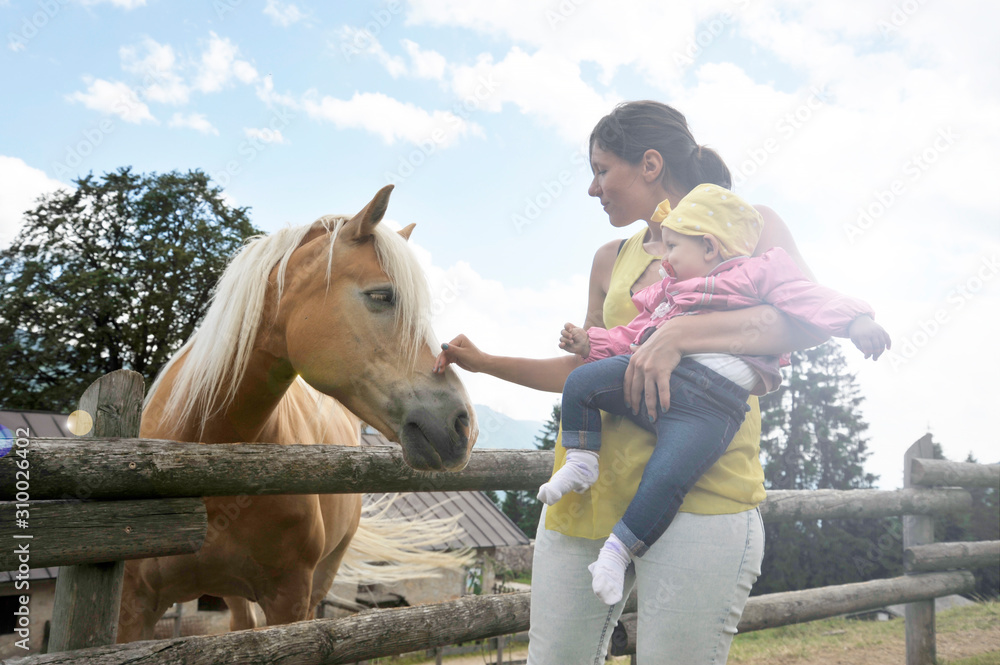 Mom with her daughter are meeting a horse in the educational farm. Happy childhood concept. Pet therapy concept in countryside. Mom with her daughter are meeting a horse in the educational farm. Happy childhood concept. Pet therapy concept in countryside.
