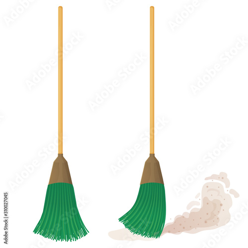 Cartoon plastic broom set. A broom sweeps dust and dirt. Household, cleaning services, housewives,concept. Equipment, tools for cleaning the element isolated on white background. Vector illustration.