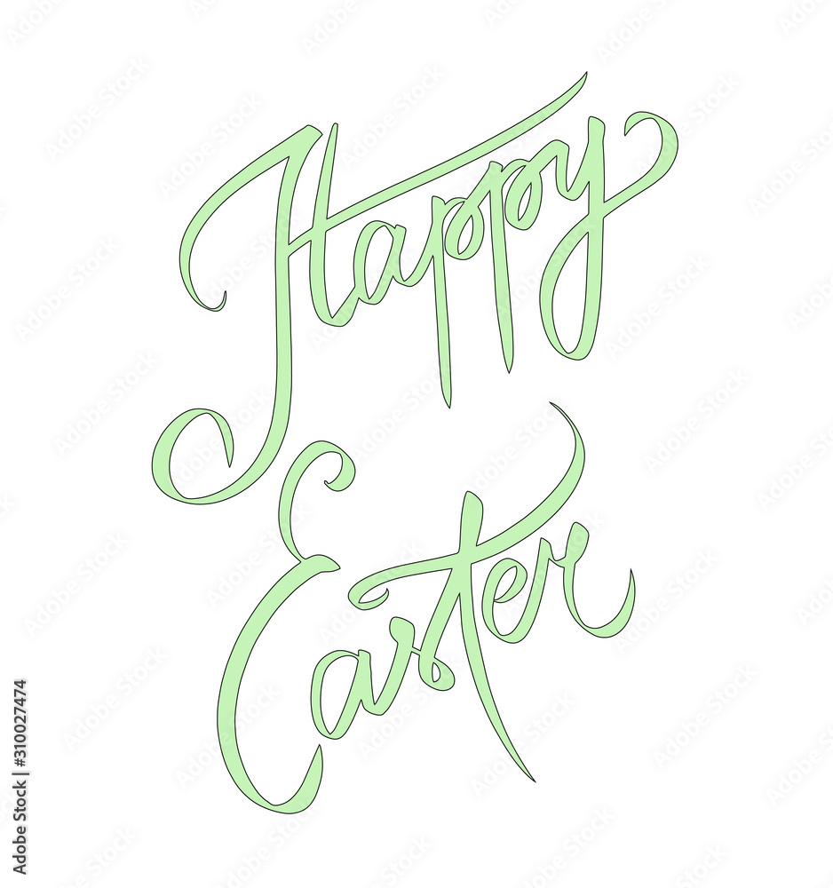 Spring green Happy Easter brush hand lettering. Holiday greeting card or postcard. Sweet hand lettered quote. Modern calligraphy. Template for invitation. Vector sign isolated on white background. Spring green Happy Easter brush hand lettering. Holiday greeting card or postcard. Sweet hand lettered quote. Modern calligraphy. Template for invitation. Vector sign isolated on white background.