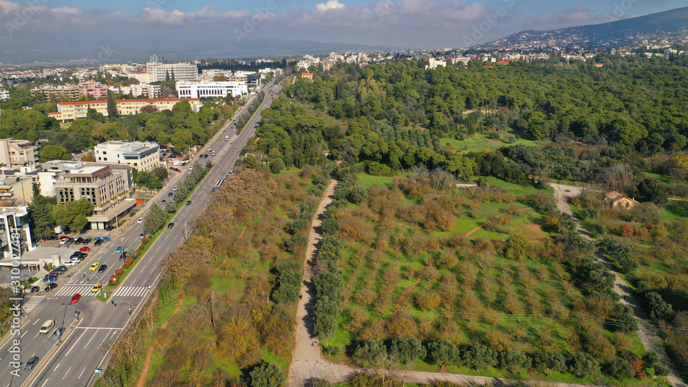 Aerial drone photo of beautiful park of Syggrou with rare trees and beautiful nature, Marousi, North Athens, Greece