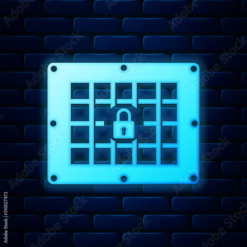 Glowing neon Prison window icon isolated on brick wall background. Vector Illustration