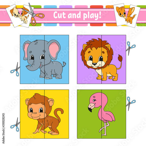 Cut and play. Flash cards. Color puzzle. Education developing worksheet. Activity page. Game for children. Funny character. Isolated vector illustration. Cartoon style.