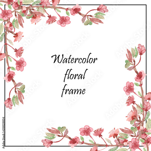 Watercolor hand painted nature floral squared border frame with pink apple tree blossom flowers composition bouquet on the white background for invitations and greeting card with the space for text