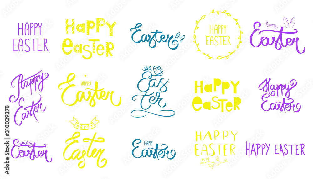 Sketch Happy Easter day card collection. Colorful Big Set easter icon, frames. Elegant holiday sign logo isolated white background. Raster illustration in violet, green, yellow, purple colors. 